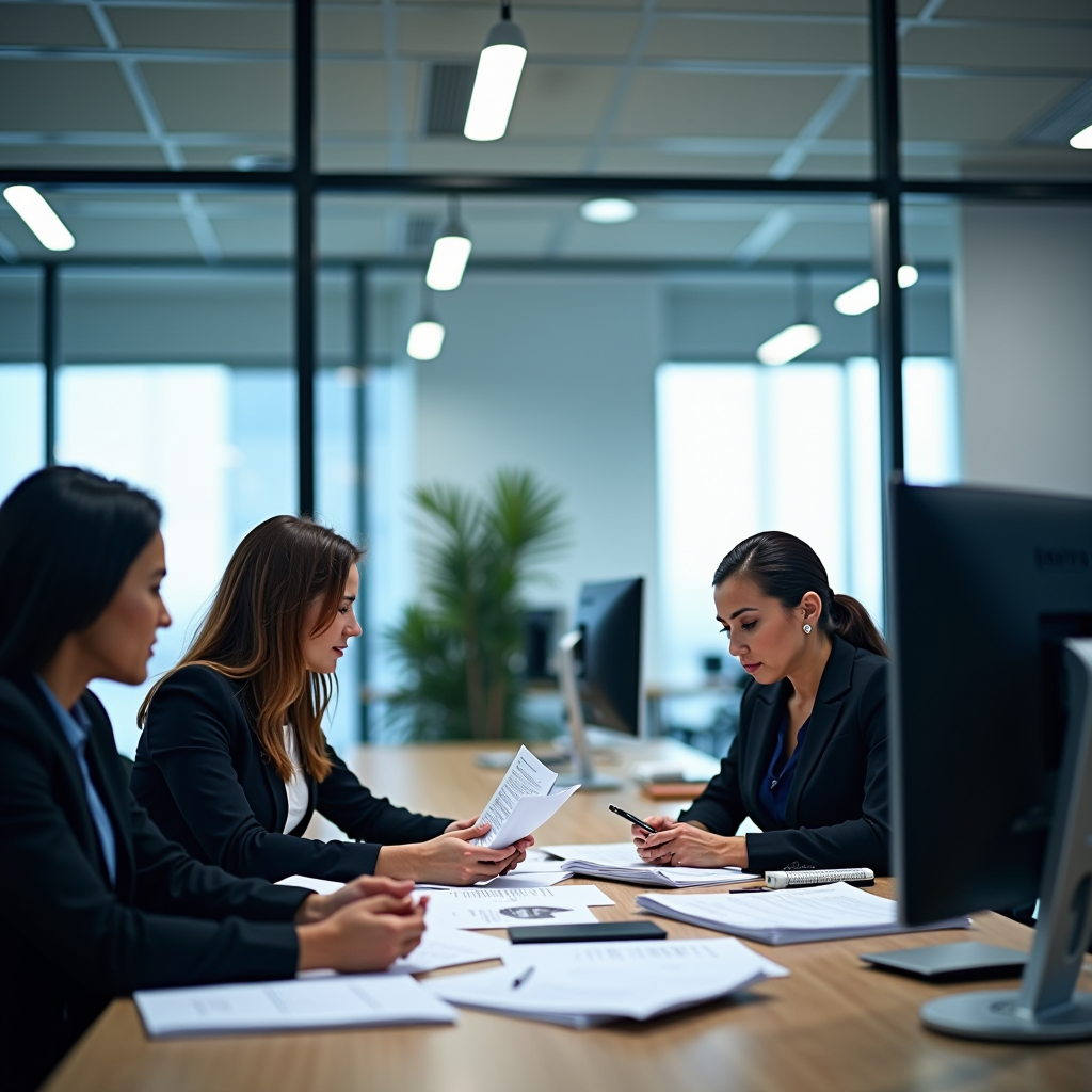 Professionisti finanziari AOSTA FACTOR SPA che lavorano in un moderno ufficio con documenti e computer, ambiente professionale con illuminazione naturale, atmosfera di fiducia e competenza