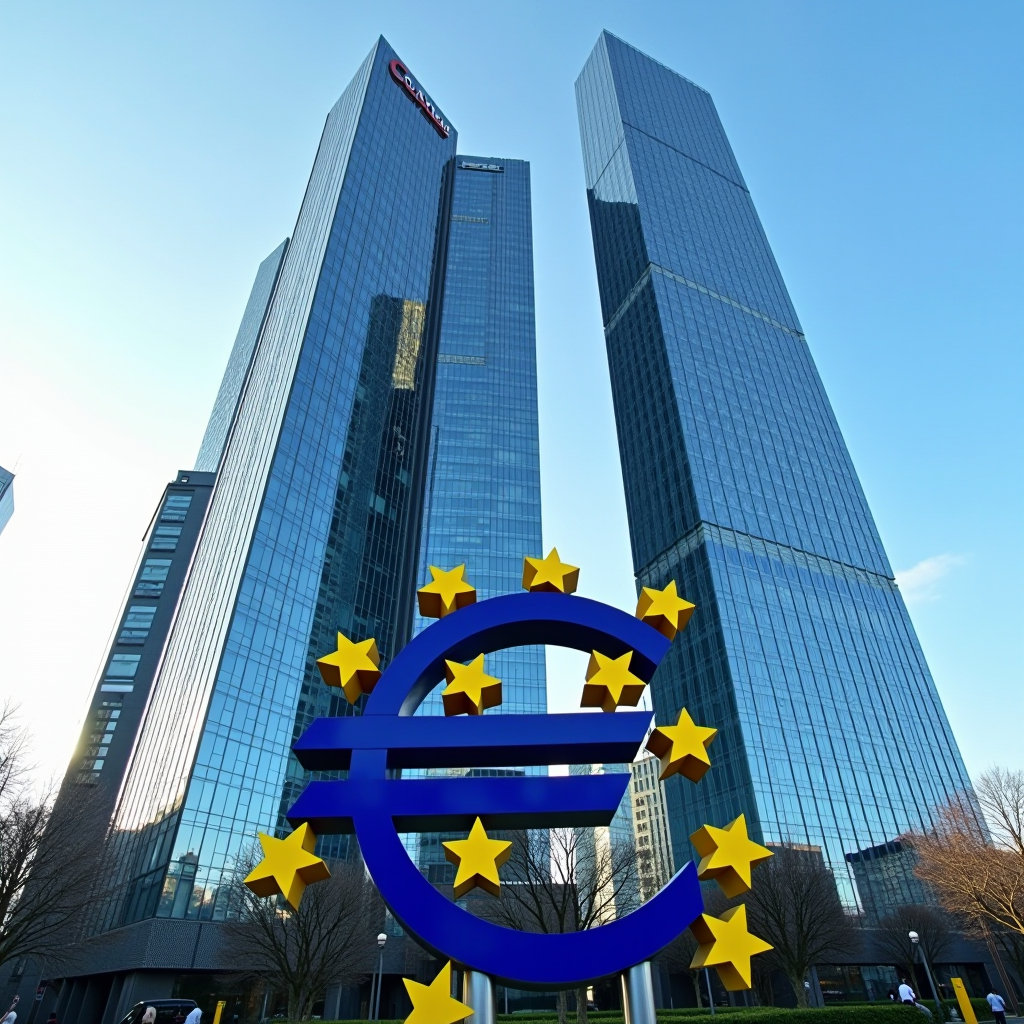 Sede della Banca Centrale Europea a Francoforte con architettura moderna in vetro e scultura del simbolo dell'euro in primo piano, cielo azzurro sullo sfondo, rappresentazione della stabilità finanziaria europea