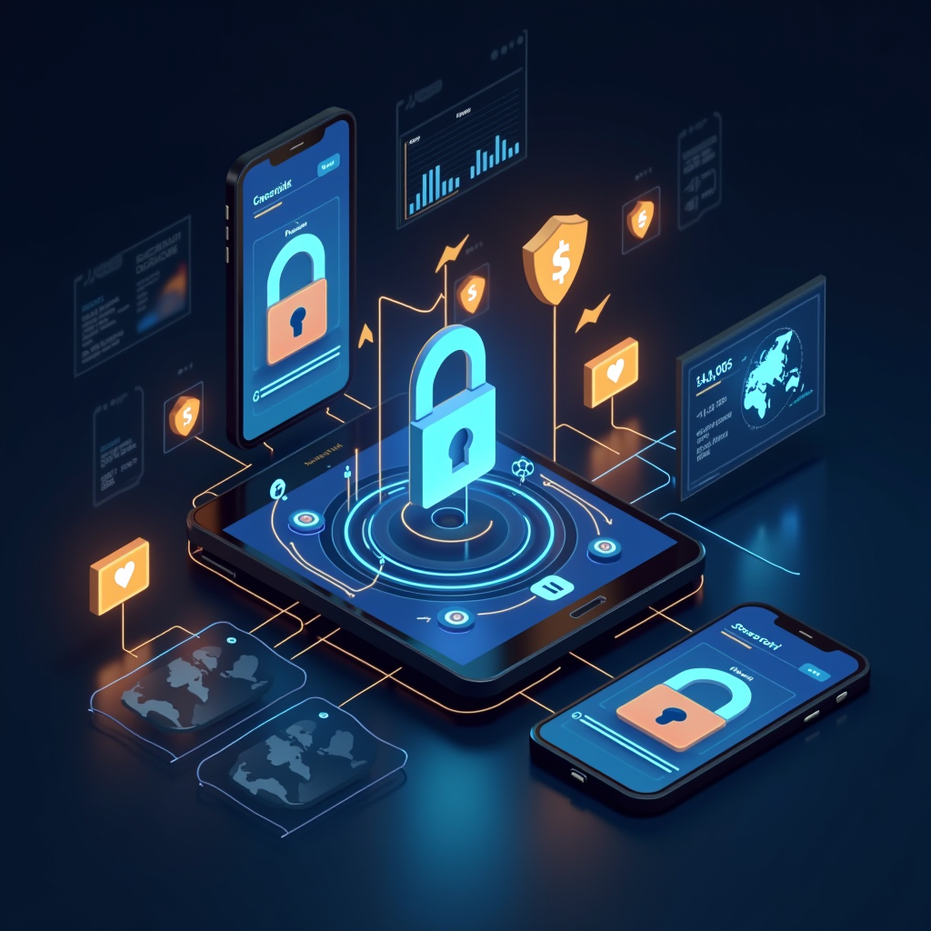 Rappresentazione visiva di una moderna piattaforma di pagamento digitale con interfaccia utente intuitiva, elementi grafici che mostrano transazioni in tempo reale, icone di sicurezza come lucchetti e scudi, grafici di analisi dati, e simboli di connettività globale. L'immagine include smartphone e tablet che mostrano dashboard finanziari con colori professionali blu navy e oro, rappresentando l'ecosistema integrato degli intermediari finanziari moderni