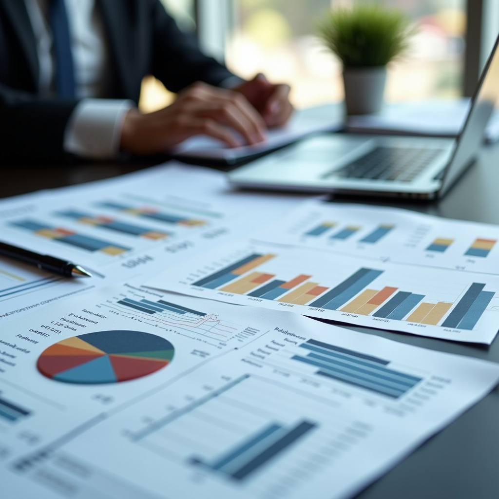 Documenti di conformità finanziaria su una scrivania professionale con grafici, report normativi e strumenti di analisi per intermediari finanziari, ambiente ufficio moderno con laptop e documentazione ufficiale