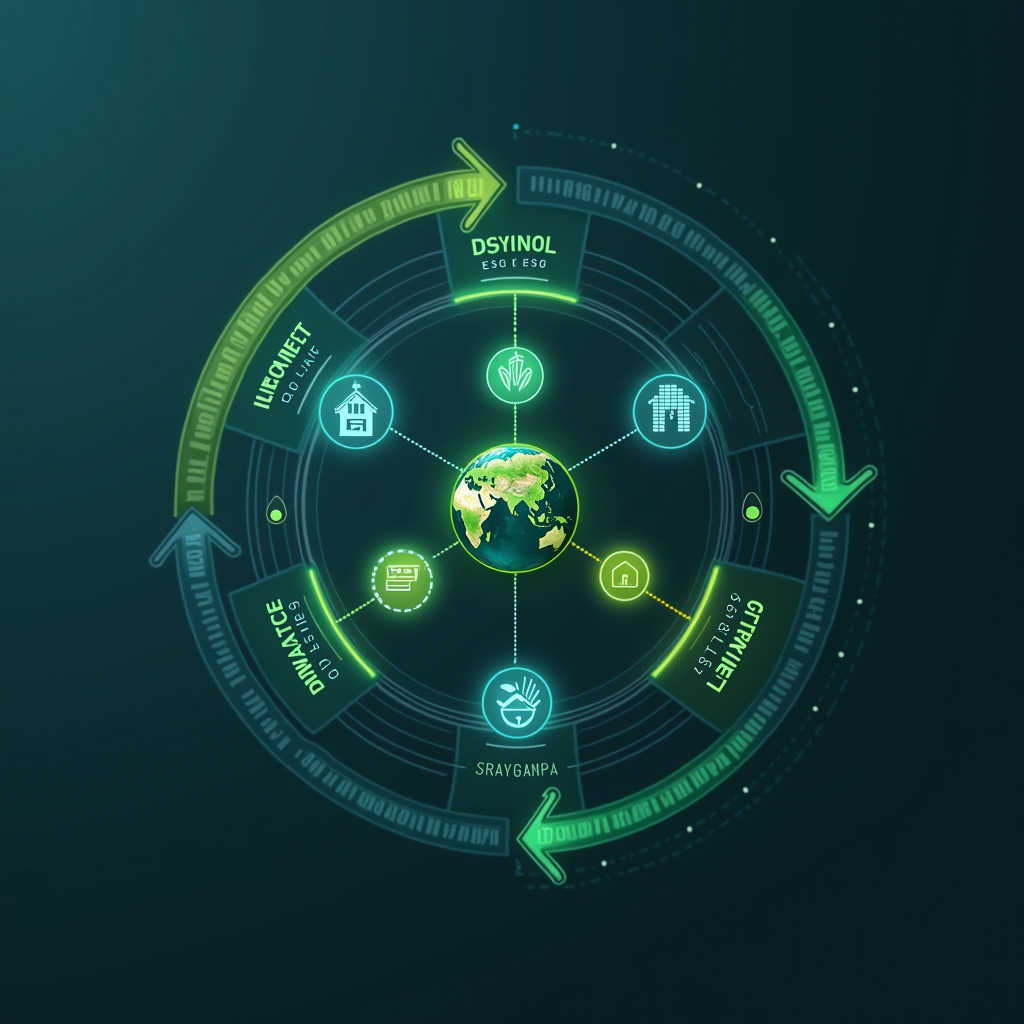 Concetto visivo di integrazione ESG nel settore finanziario: grafico moderno che mostra l'interconnessione tra criteri ambientali, sociali e di governance con simboli finanziari, palette di colori verde e blu professionale, rappresentazione di sostenibilità e crescita responsabile
