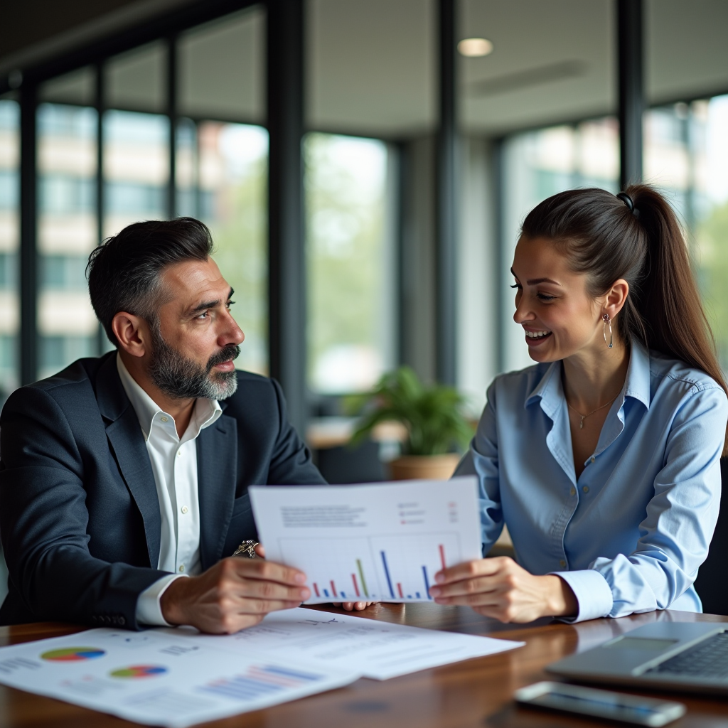 Professional financial advisor consulting with client in modern office, reviewing personalized financial documents and planning strategies on desk with laptop and charts