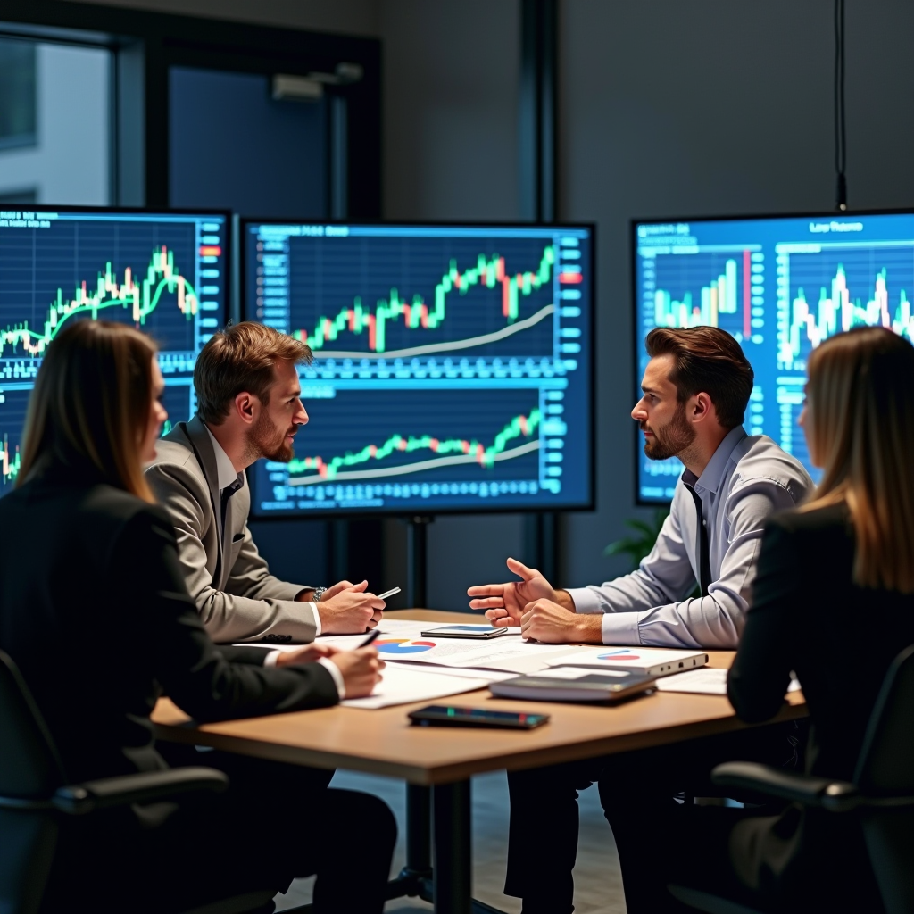Team di pianificatori finanziari professionisti durante una consulenza con un cliente, analizzando grafici di portafoglio di investimento e strategie di allocazione degli asset in un ufficio moderno con schermi digitali che mostrano dati di mercato e tendenze economiche