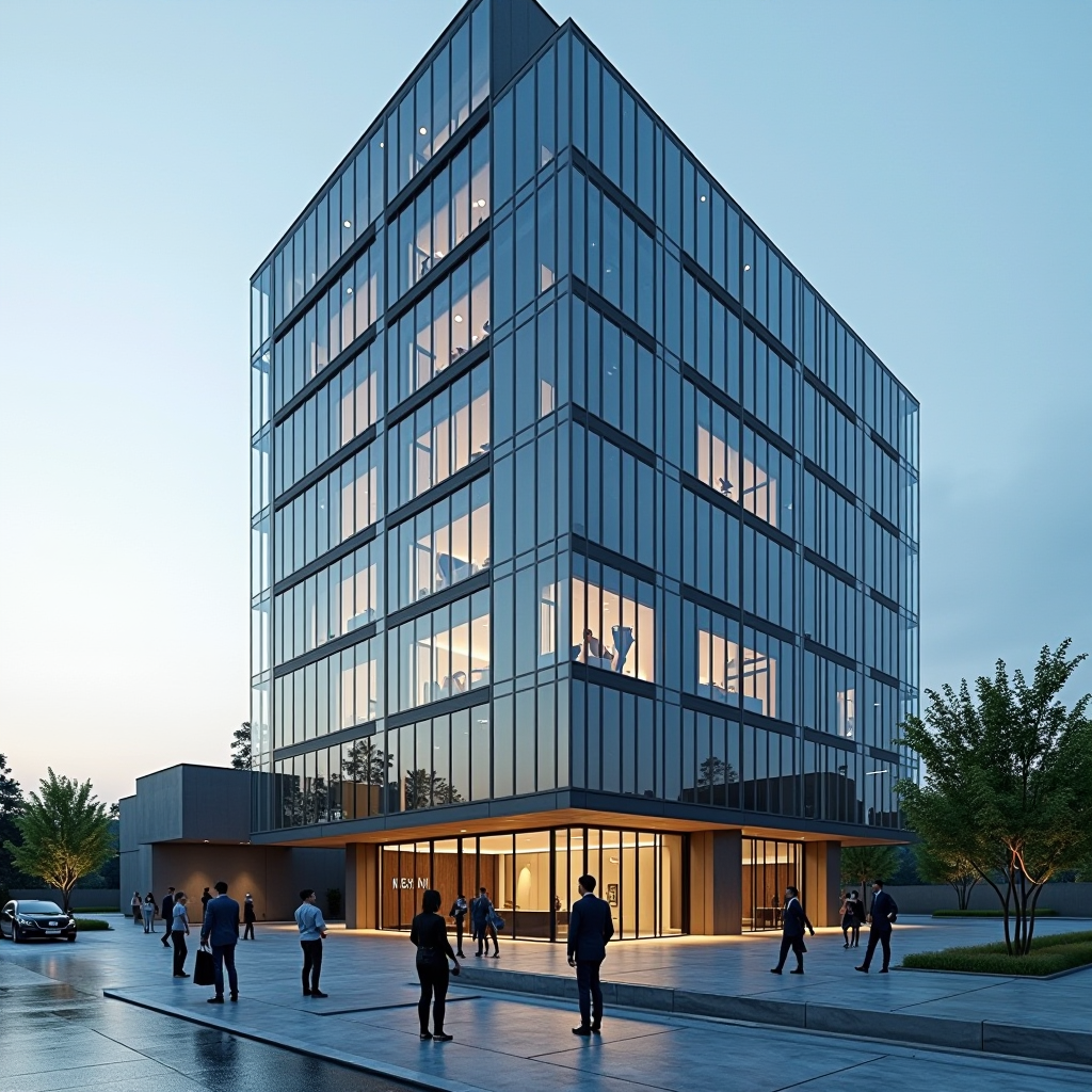 Edificio aziendale moderno con facciata in vetro che rappresenta la crescita del business e le soluzioni di finanza aziendale, con professionisti in primo piano