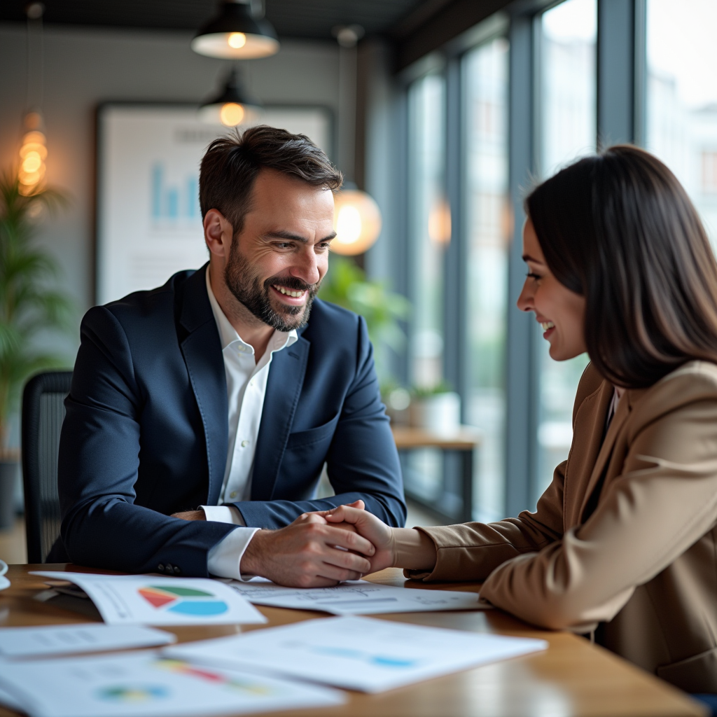 Consulente finanziario professionista che lavora con un cliente in un ufficio moderno, discutendo strategie di pianificazione finanziaria con documenti e grafici sul tavolo, atmosfera professionale e rassicurante