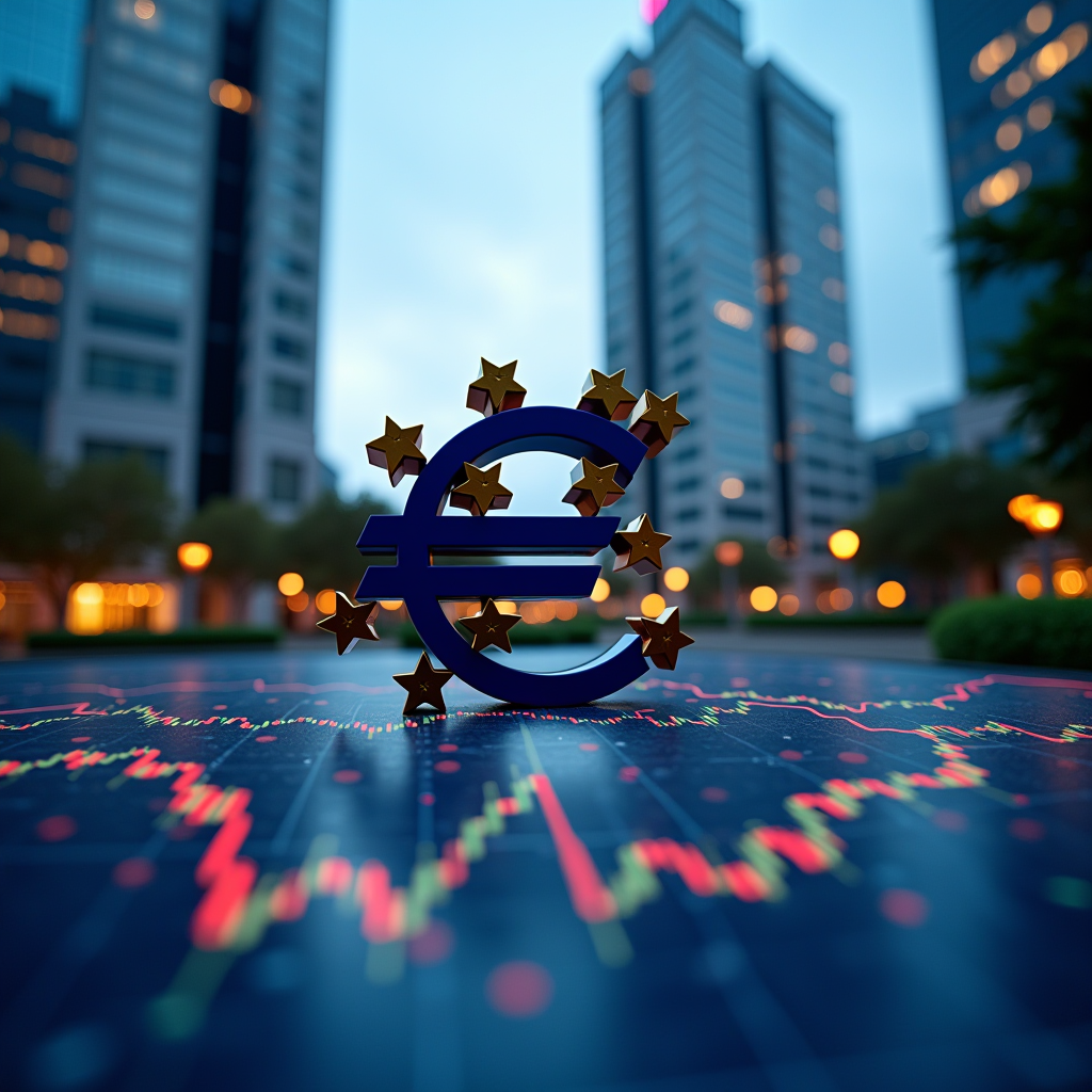 Analisi dettagliata della politica monetaria della Banca Centrale Europea con grafici economici, edificio della BCE sullo sfondo, atmosfera professionale e finanziaria