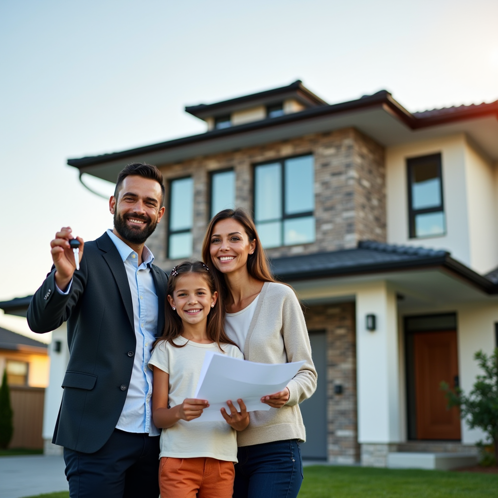 Beautiful modern residential property exterior with family standing in front of their new home, holding keys and documents, representing successful home ownership financing