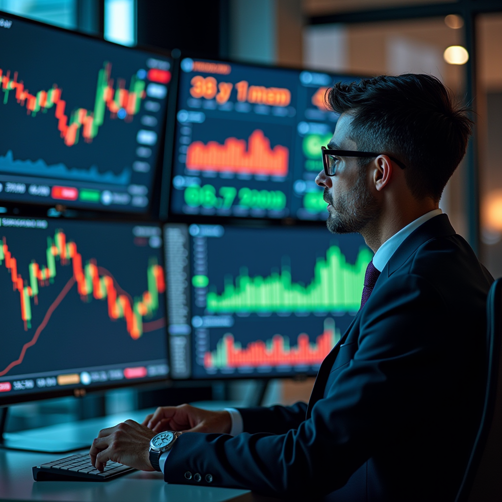 Professional wealth manager analyzing diverse investment portfolio on multiple screens showing stock charts, asset allocation graphs, and financial growth indicators in modern office