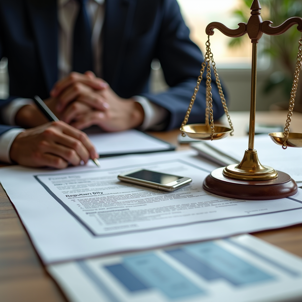 Documenti normativi e conformità finanziaria, bilancia della giustizia, simboli legali, ambiente professionale con documenti ufficiali e sigilli di approvazione