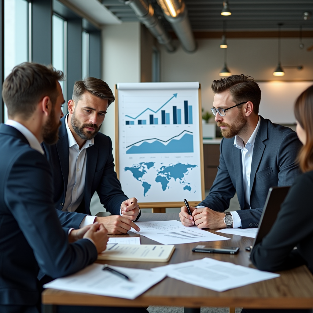 Business owners and financial advisor reviewing commercial financing documents in modern corporate office with charts showing business growth projections and expansion plans
