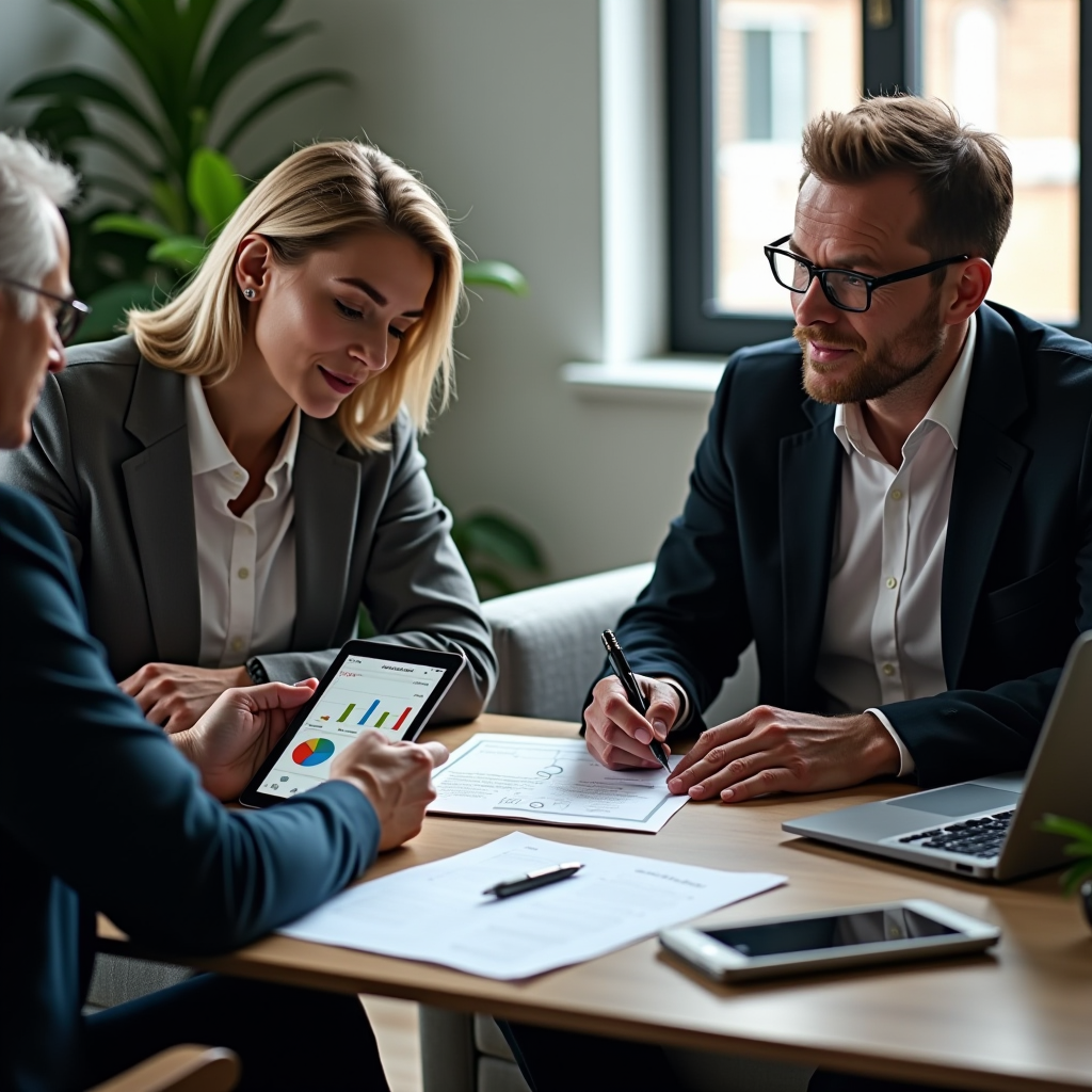 Comprehensive financial planning session with advisor and clients reviewing retirement plans, savings strategies, and long-term financial goals on tablet and documents in comfortable consultation room